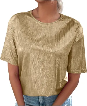Women's Shiny Metallic Tops Short Sleeve T Shirt Glitter Party Disco Club Tees Holographic Music Festival Outfit