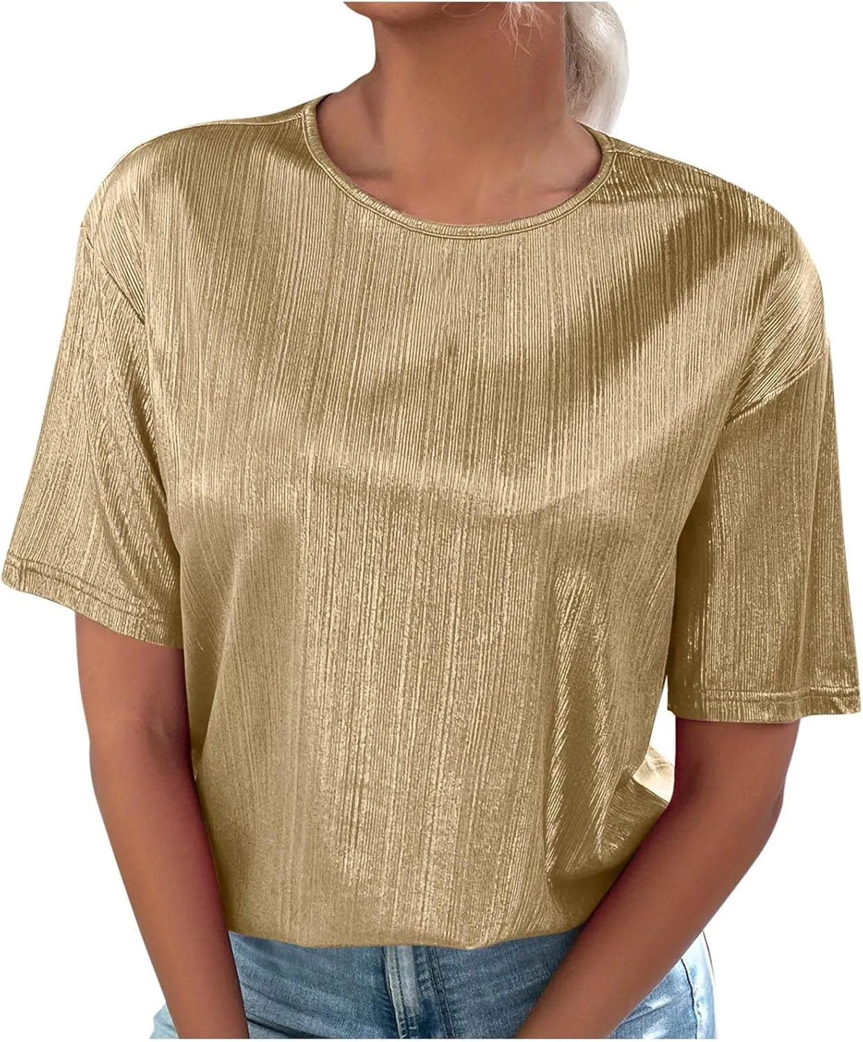 Women's Shiny Metallic Tops Short Sleeve T Shirt Glitter Party Disco Club Tees Holographic Music Festival Outfit