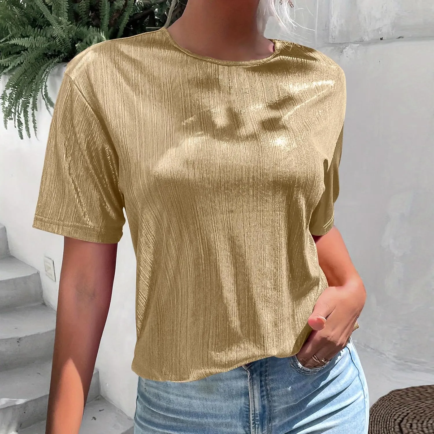 Women's Shiny Metallic Tops Short Sleeve T Shirt Glitter Party Disco Club Tees Holographic Music Festival Outfit