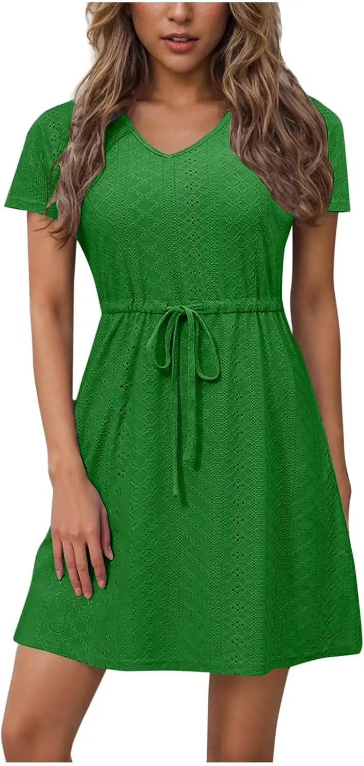Womens Short Sleeve Dress Summer Casual Drawstring Waist Maxi Dresses Solid Trendy Vacation Rund Neck Short Dresses