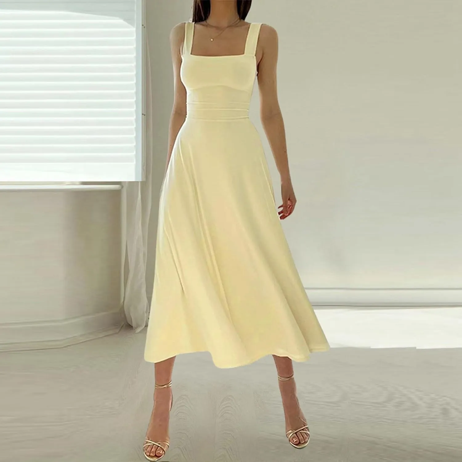 Women's Solid Color Thick Shoulder Strap Slim Fit Lace Up Waist Dress Casual Skirt Womens Beach Maxi