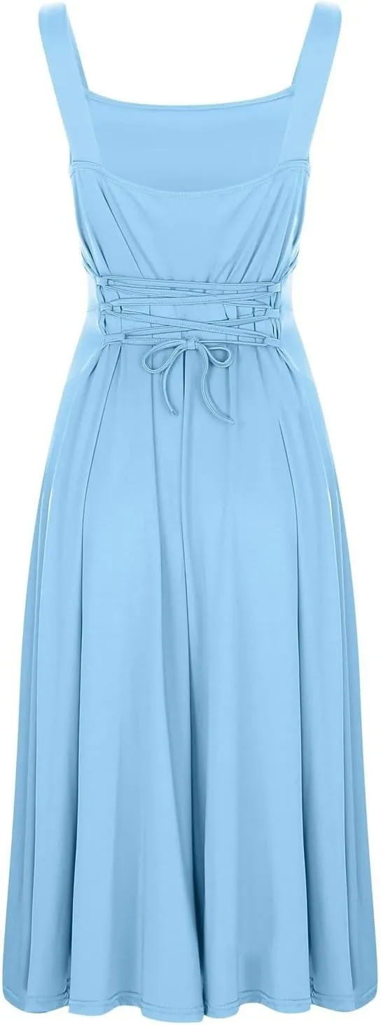 Women's Solid Color Thick Shoulder Strap Slim Fit Lace Up Waist Dress Casual Skirt Womens Beach Maxi