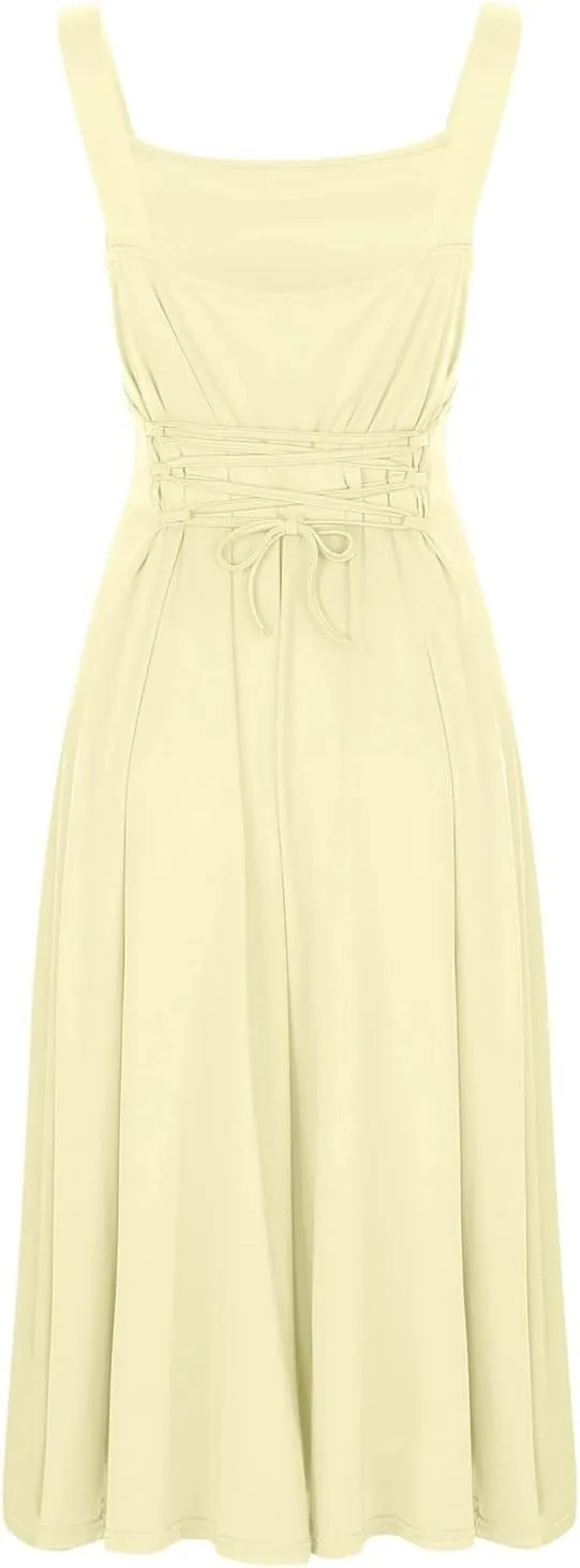 Women's Solid Color Thick Shoulder Strap Slim Fit Lace Up Waist Dress Casual Skirt Womens Beach Maxi