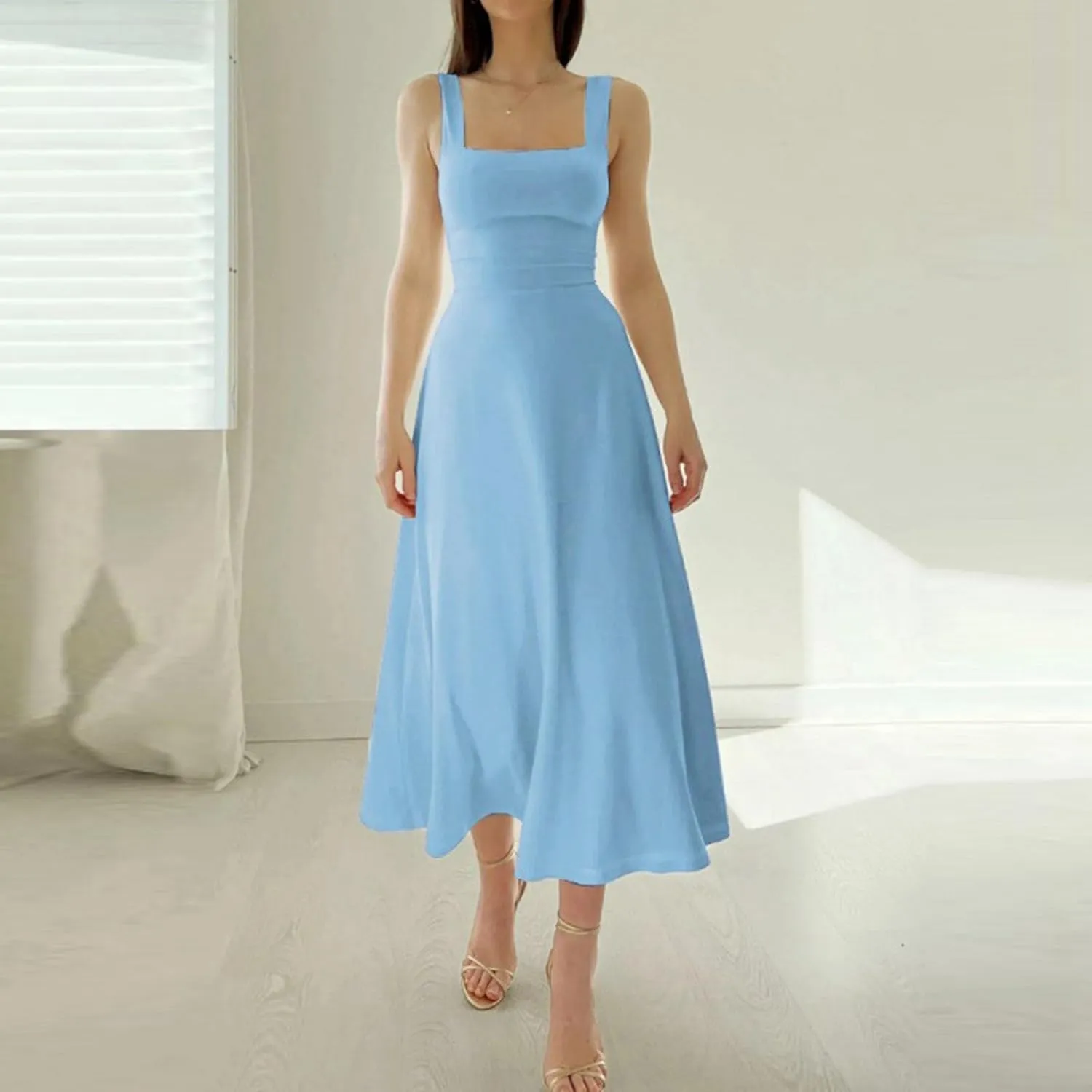 Women's Solid Color Thick Shoulder Strap Slim Fit Lace Up Waist Dress Casual Skirt Womens Beach Maxi