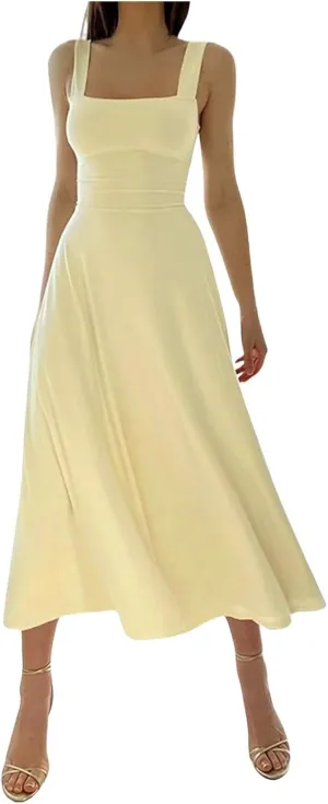 Women's Solid Color Thick Shoulder Strap Slim Fit Lace Up Waist Dress Casual Skirt Womens Beach Maxi