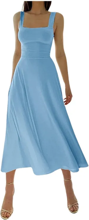 Women's Solid Color Thick Shoulder Strap Slim Fit Lace Up Waist Dress Casual Skirt Womens Beach Maxi
