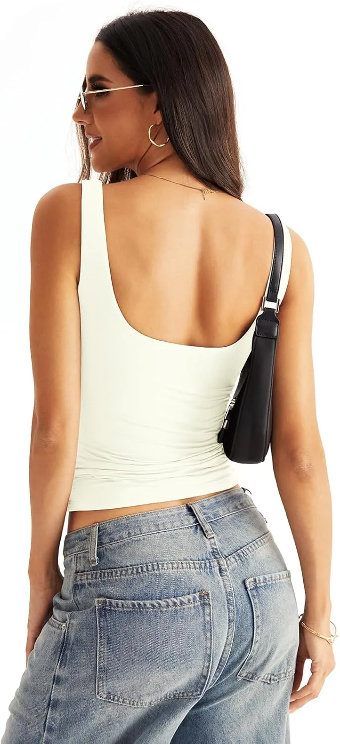 Womens Square Neck Double Lined Tank Tops Low Back Fitted Sleeveless Tops