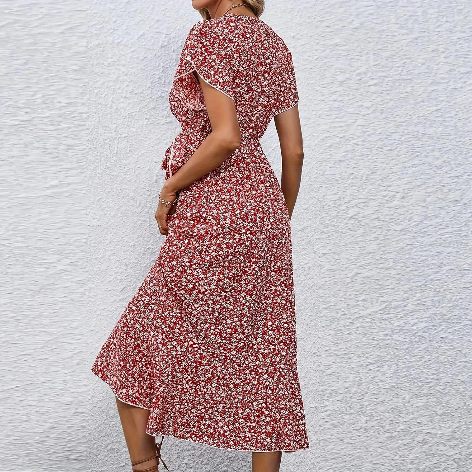 Womens Summer Dress Ruffle Short Sleeve V Neck Midi Sundress Boho Flowy Wrap Tie Waist A-Line Wedding Guest Dress