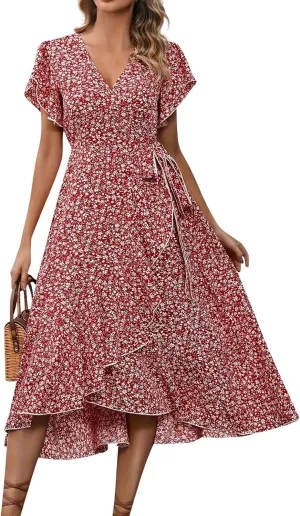 Womens Summer Dress Ruffle Short Sleeve V Neck Midi Sundress Boho Flowy Wrap Tie Waist A-Line Wedding Guest Dress