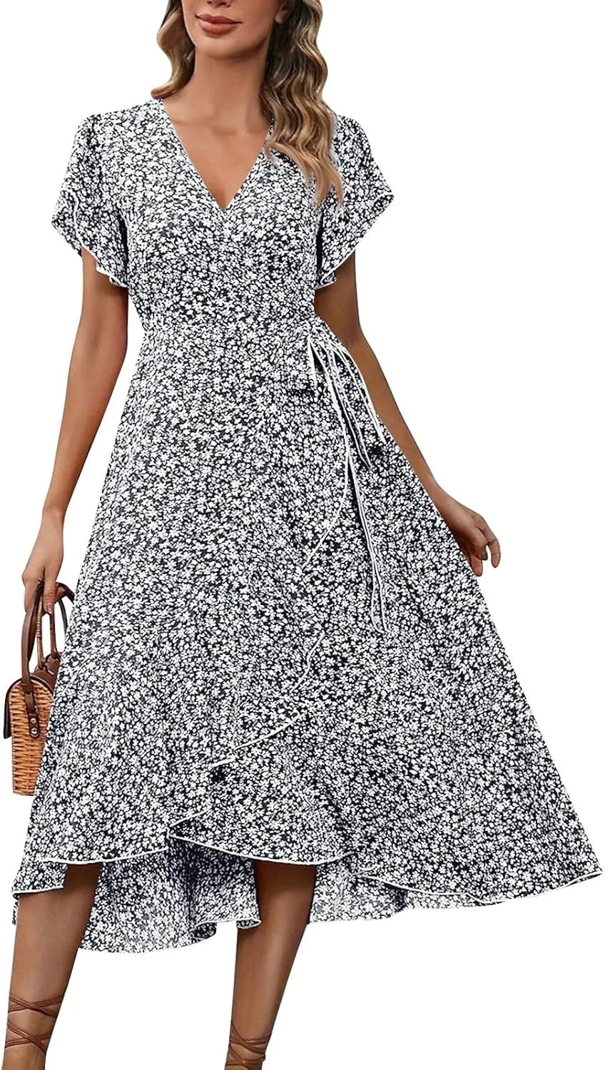 Womens Summer Dress Ruffle Short Sleeve V Neck Midi Sundress Boho Flowy Wrap Tie Waist A-Line Wedding Guest Dress