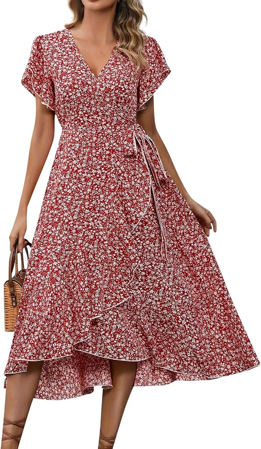 Womens Summer Dress Ruffle Short Sleeve V Neck Midi Sundress Boho Flowy Wrap Tie Waist A-Line Wedding Guest Dress