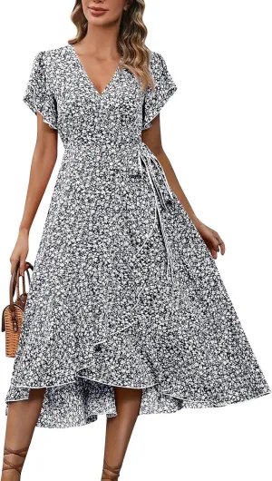 Womens Summer Dress Ruffle Short Sleeve V Neck Midi Sundress Boho Flowy Wrap Tie Waist A-Line Wedding Guest Dress