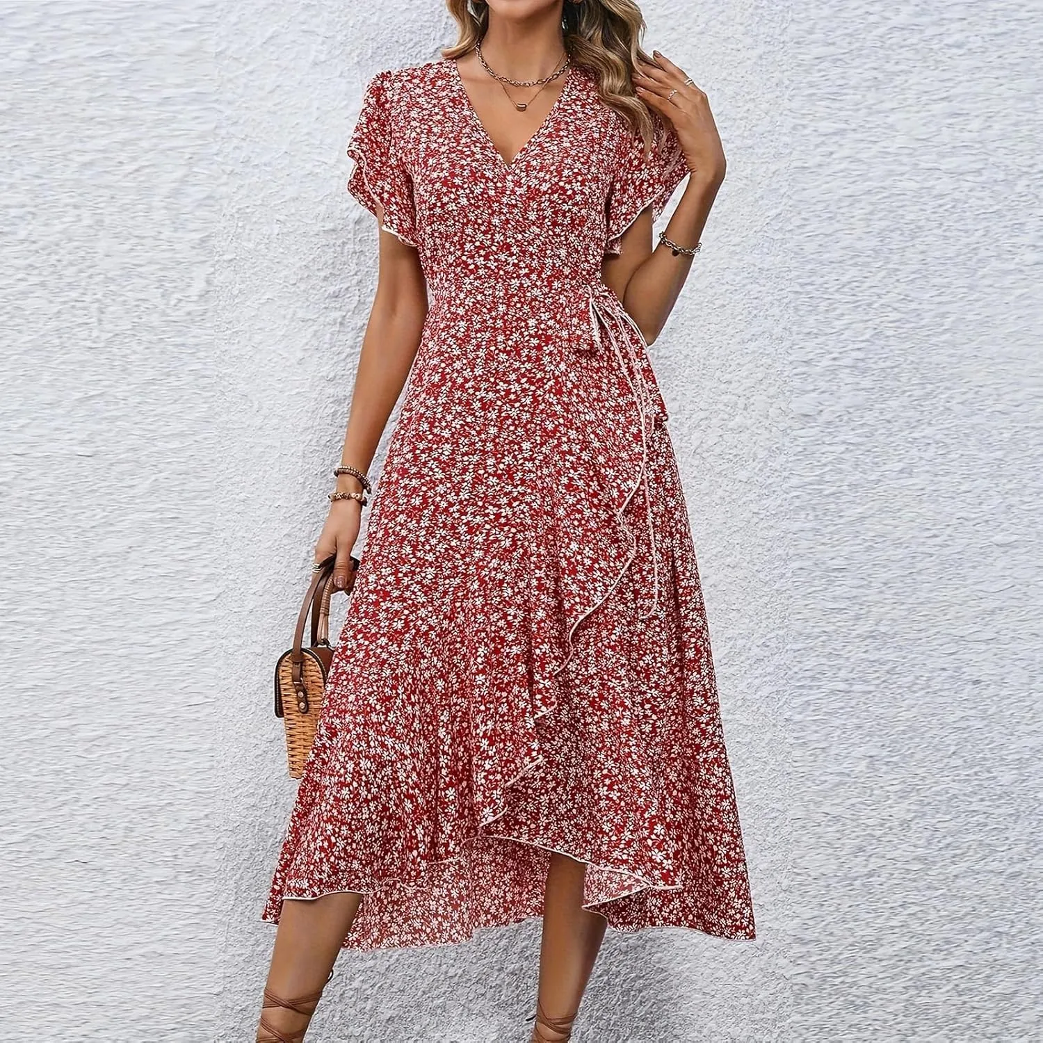 Womens Summer Dress Ruffle Short Sleeve V Neck Midi Sundress Boho Flowy Wrap Tie Waist A-Line Wedding Guest Dress
