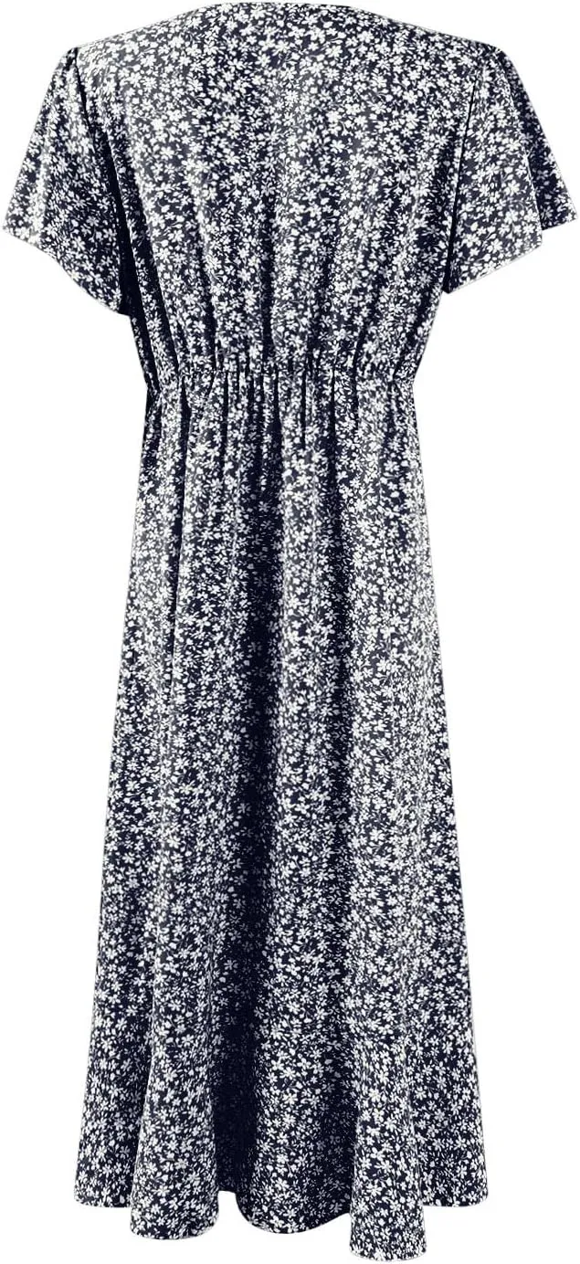 Womens Summer Dress Ruffle Short Sleeve V Neck Midi Sundress Boho Flowy Wrap Tie Waist A-Line Wedding Guest Dress