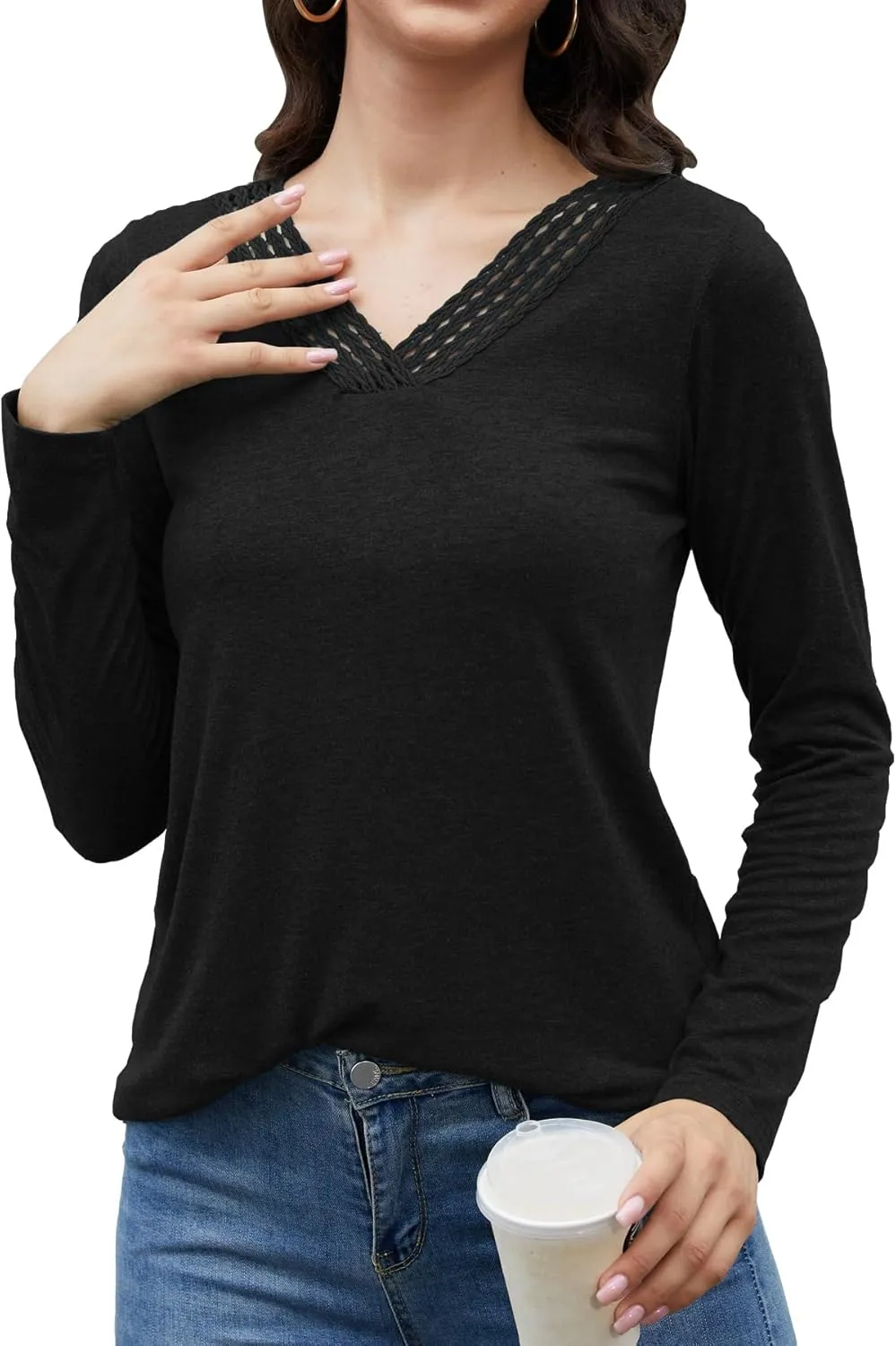 Womens Tops Dressy Casual V Neck Long Sleeve Lace Splice T Shirts Cute Fashion Clothes 2025