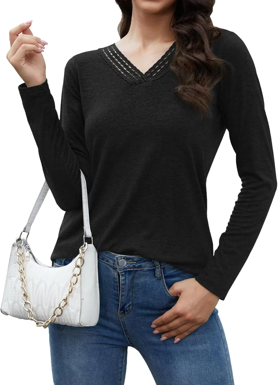 Womens Tops Dressy Casual V Neck Long Sleeve Lace Splice T Shirts Cute Fashion Clothes 2025