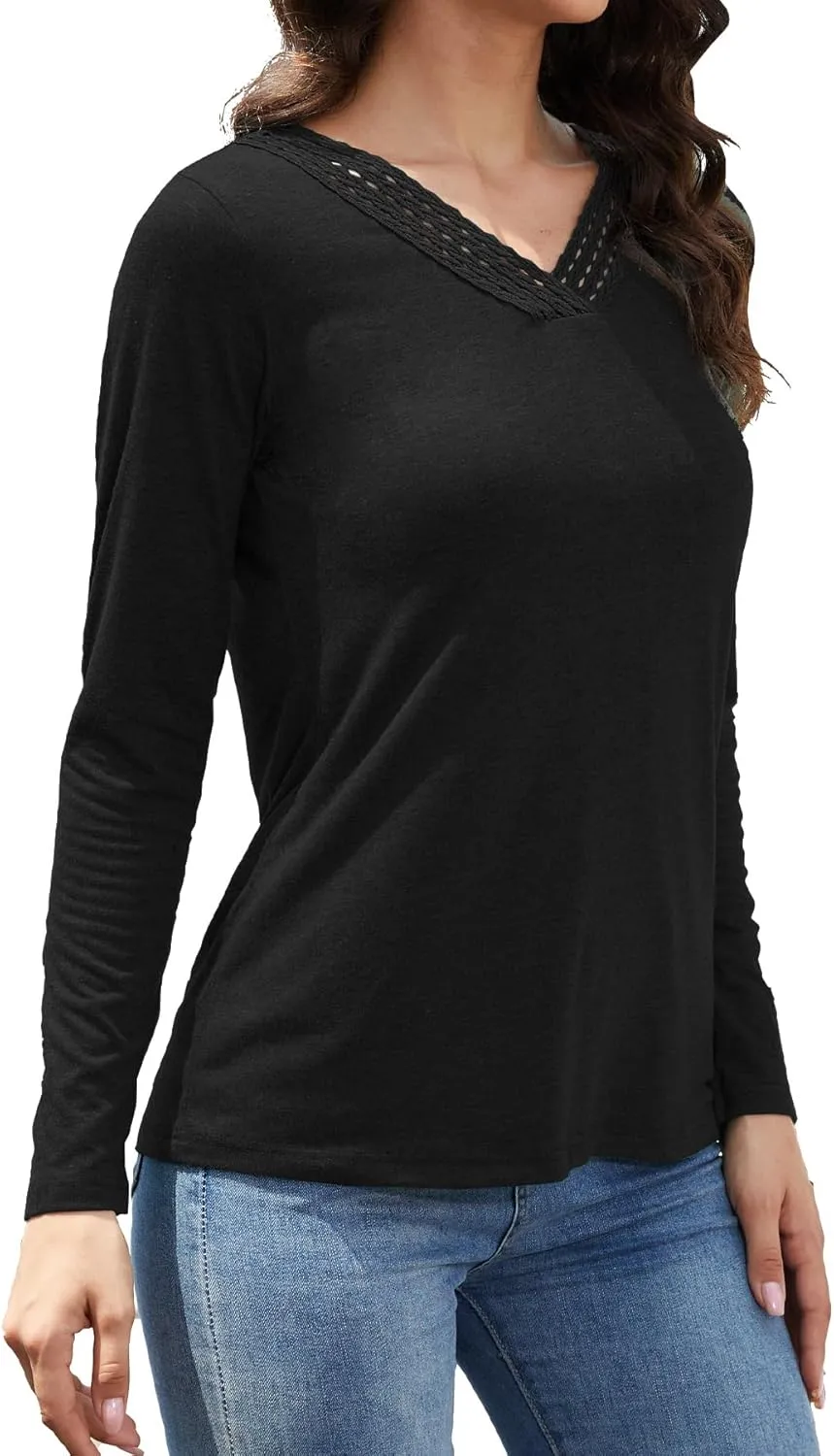 Womens Tops Dressy Casual V Neck Long Sleeve Lace Splice T Shirts Cute Fashion Clothes 2025